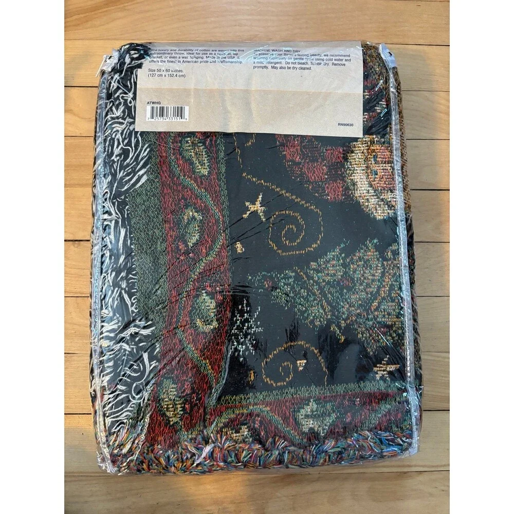New nwt tapestry woven throw cotton fringe christmas Susan winget USA blanket